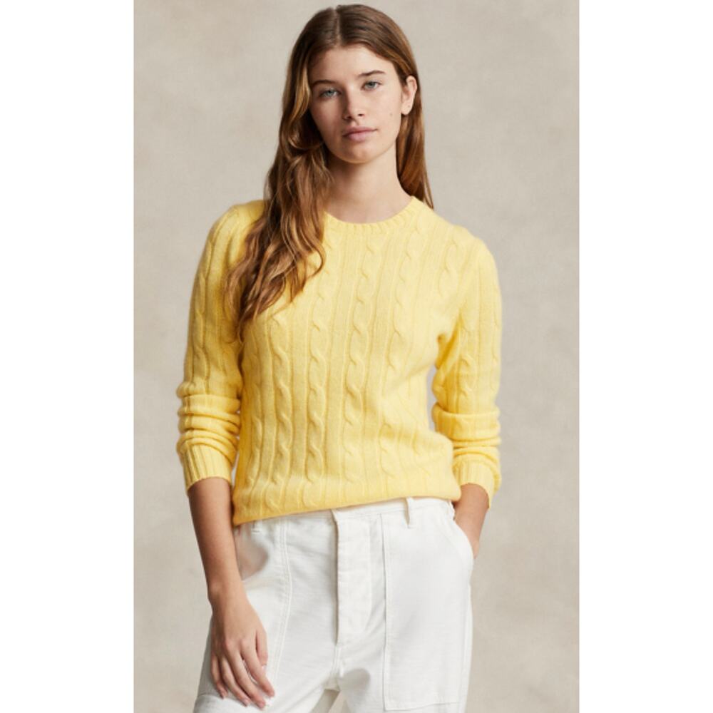 Ralph Lauren Black Label Cable Knit‎ Sweater Yellow Cotton Slim Fit Women's Lg